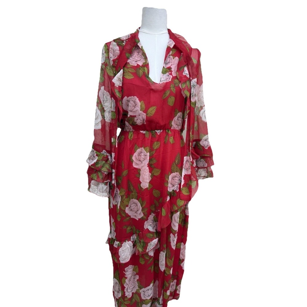 Zara Red Floral Midi Dress XS Sheer Ruffle Sleeve Open Back Summer Wedding Guest